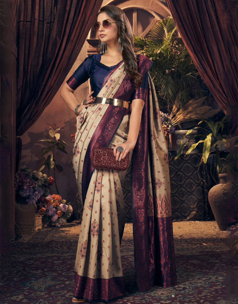 Cream Banarasi Silk Saree With Zari Weaving Work