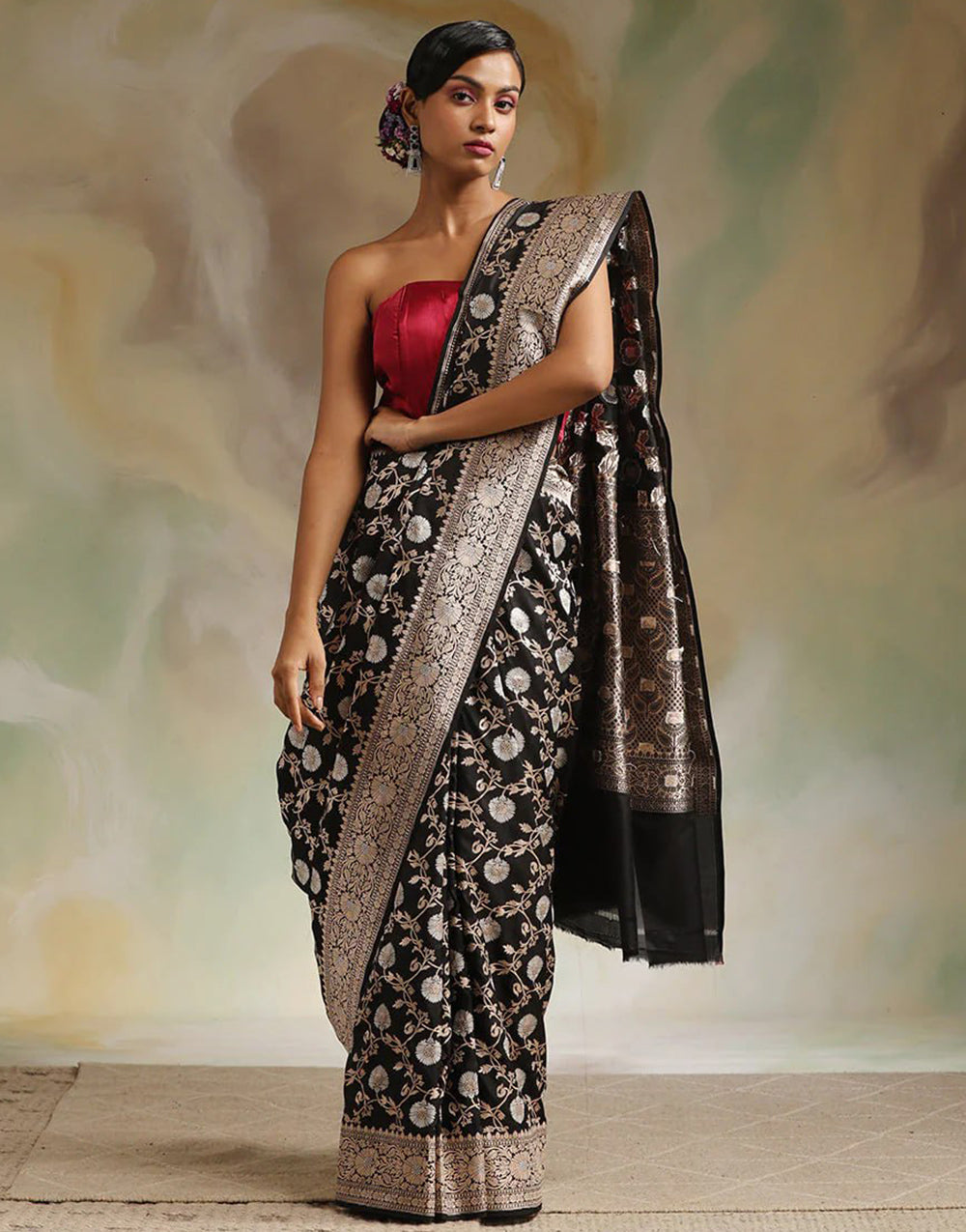 Black Banarasi Silk Saree With Zari Weaving Work