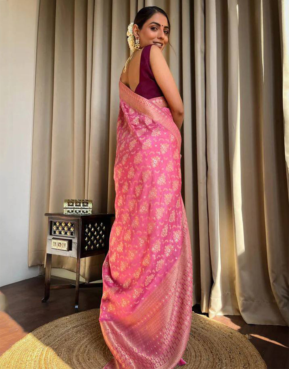 Hot Pink Banarasi Silk Saree With Zari Weaving Work