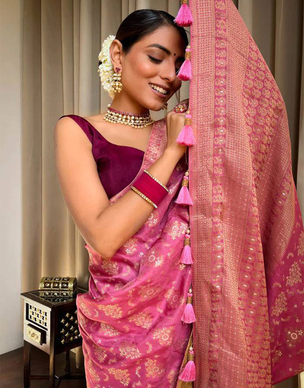 Hot Pink Banarasi Silk Saree With Zari Weaving Work