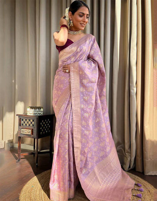 Lavender Pink Banarasi Silk Saree With Zari Weaving Work