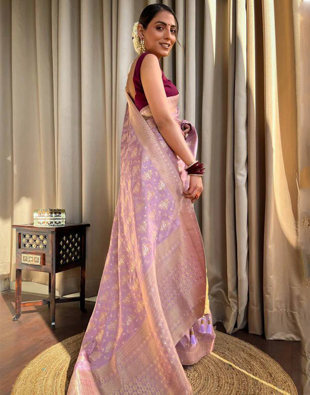 Lavender Pink Banarasi Silk Saree With Zari Weaving Work