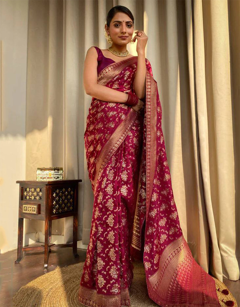 Maroon Banarasi Silk Saree With Zari Weaving Work