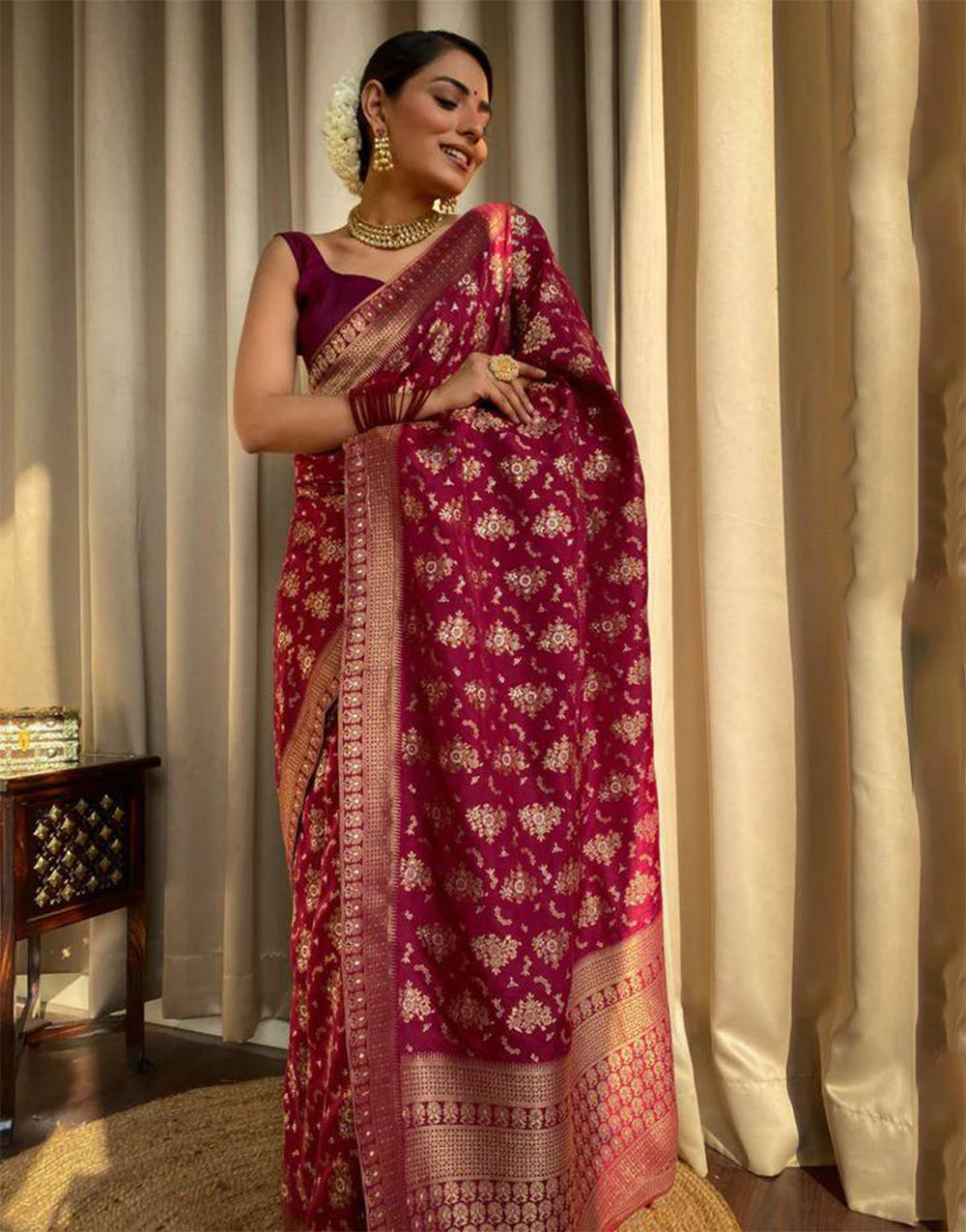 Maroon Banarasi Silk Saree With Zari Weaving Work