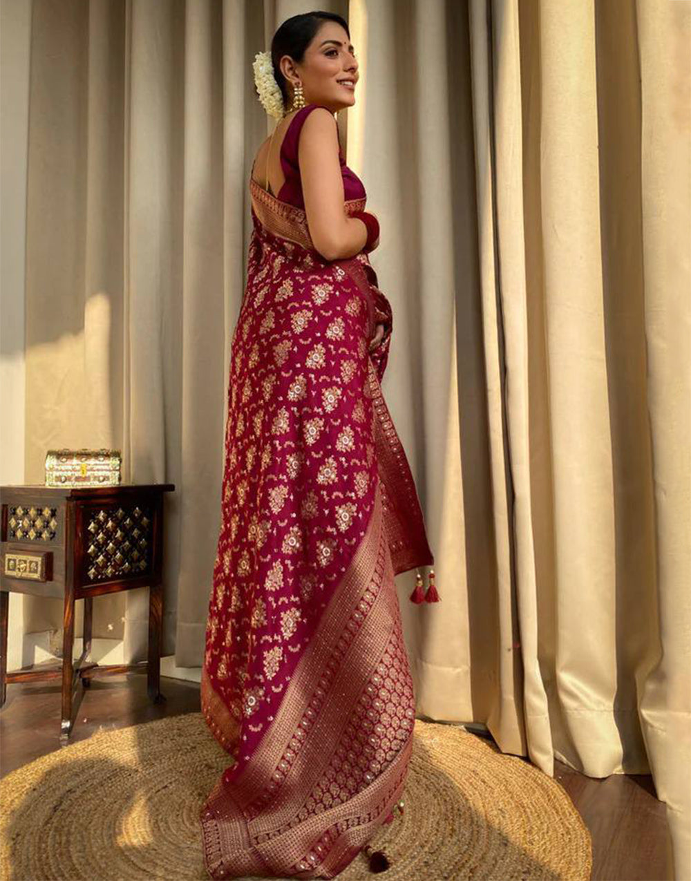 Maroon Banarasi Silk Saree With Zari Weaving Work