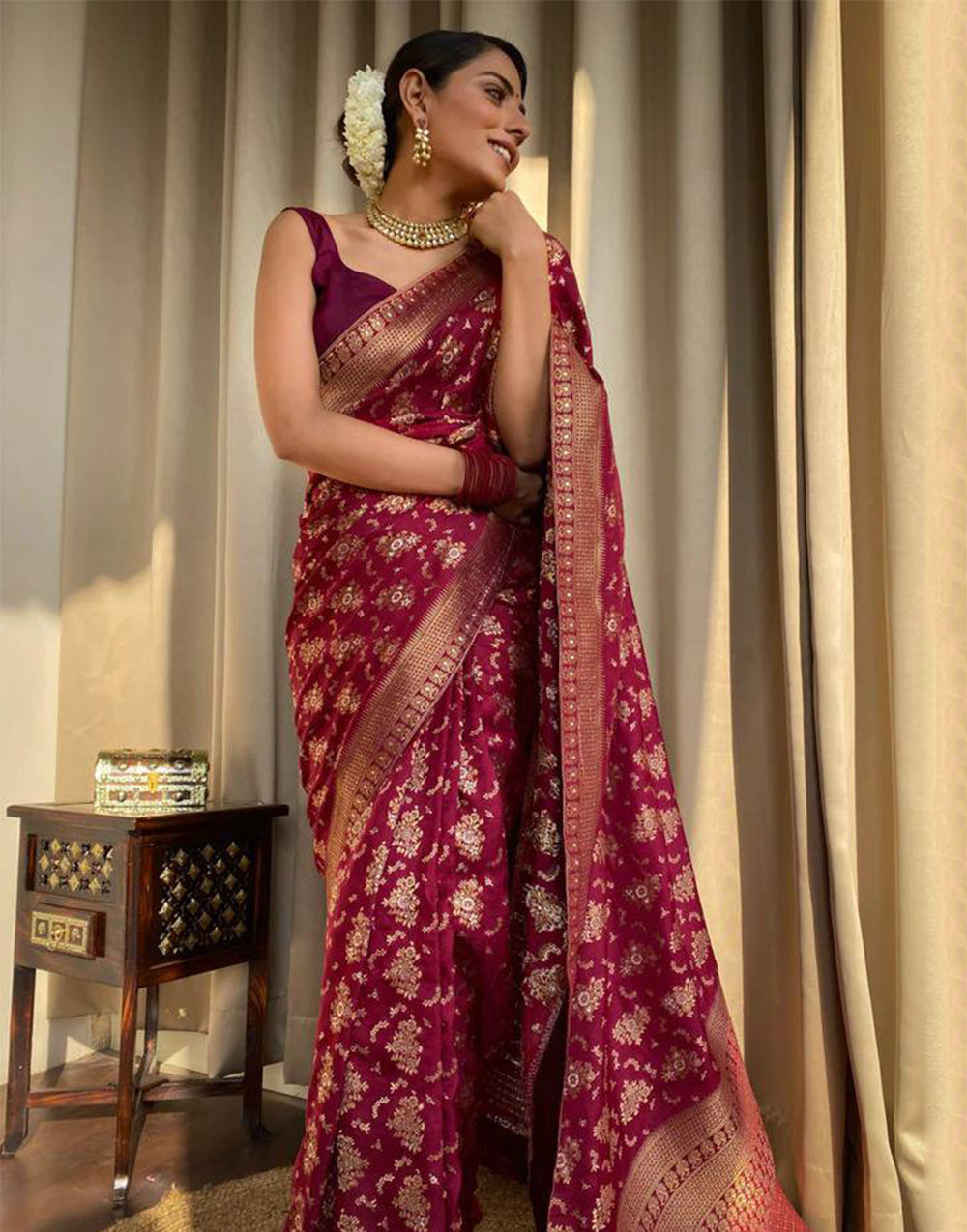 Maroon Banarasi Silk Saree With Zari Weaving Work