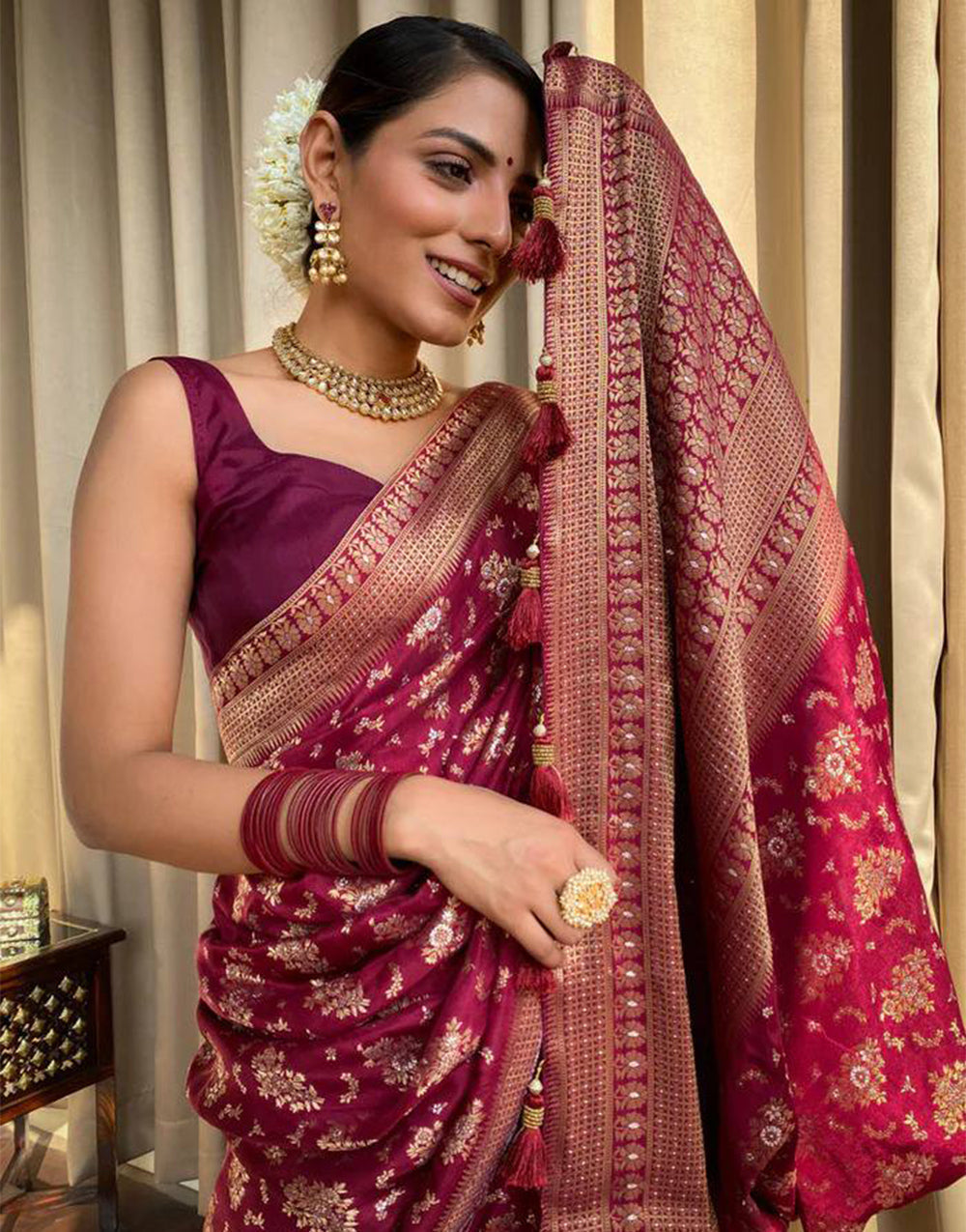 Maroon Banarasi Silk Saree With Zari Weaving Work