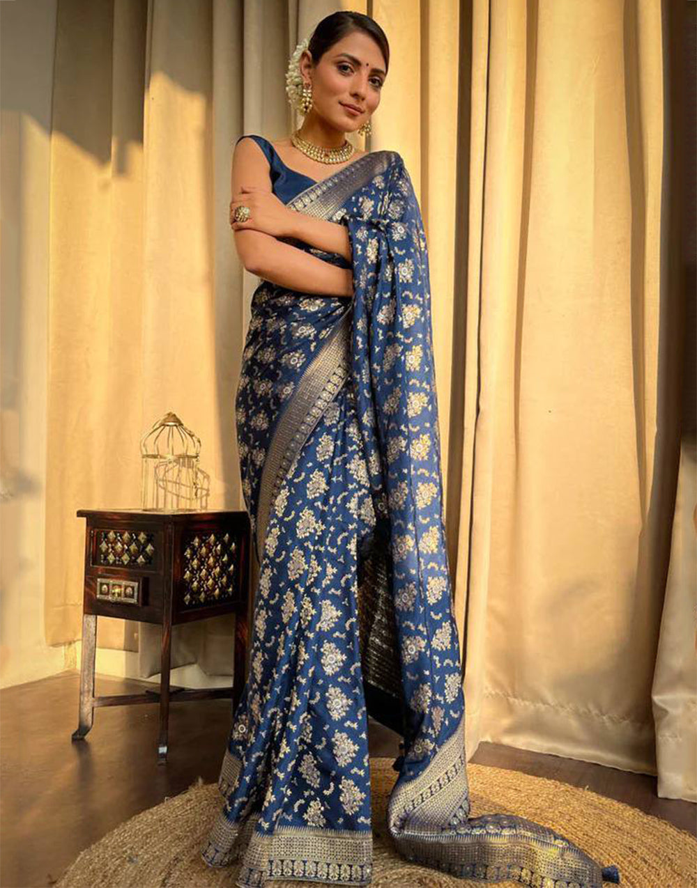 Navy Blue Banarasi Silk Saree With Zari Weaving Work