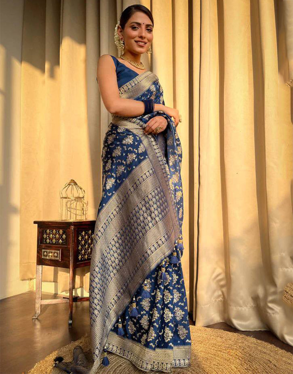 Navy Blue Banarasi Silk Saree With Zari Weaving Work