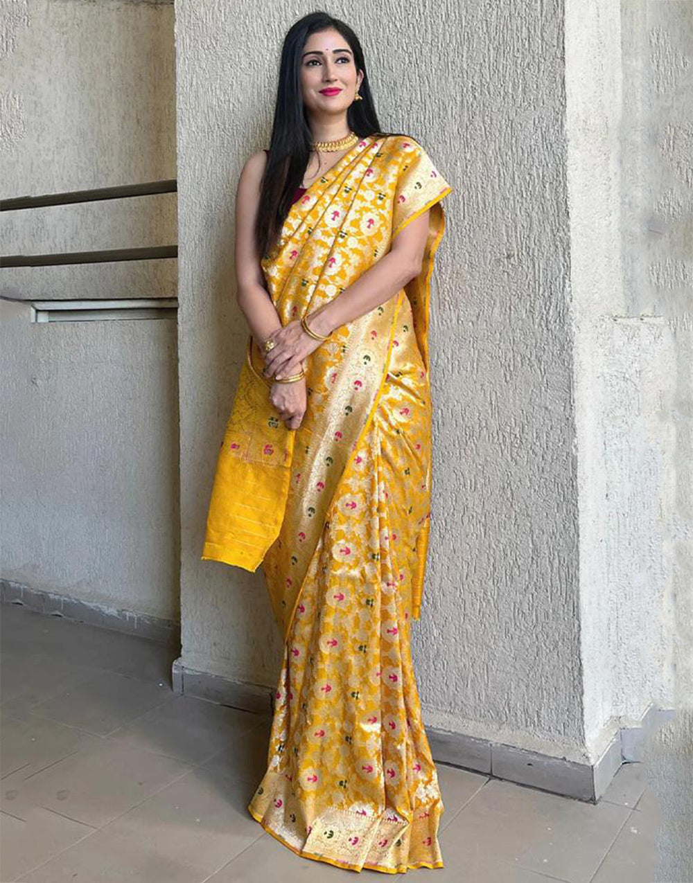 Mango Yellow Banarasi Silk Saree With Zari Weaving Work