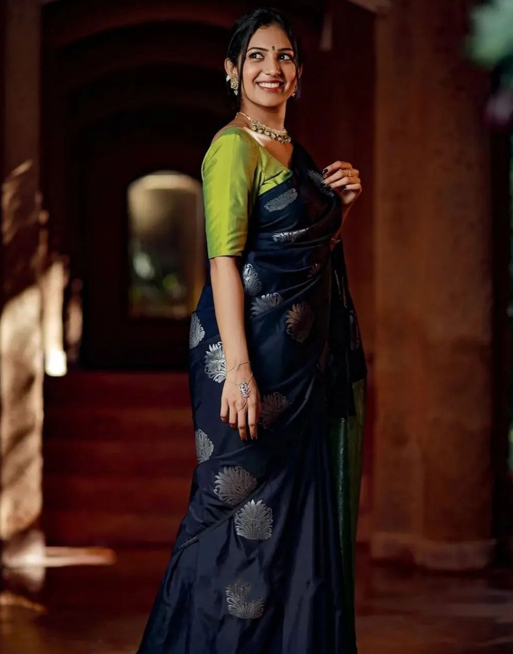 Navy Blue & Green Banarasi Silk Saree With Zari Weaving Work