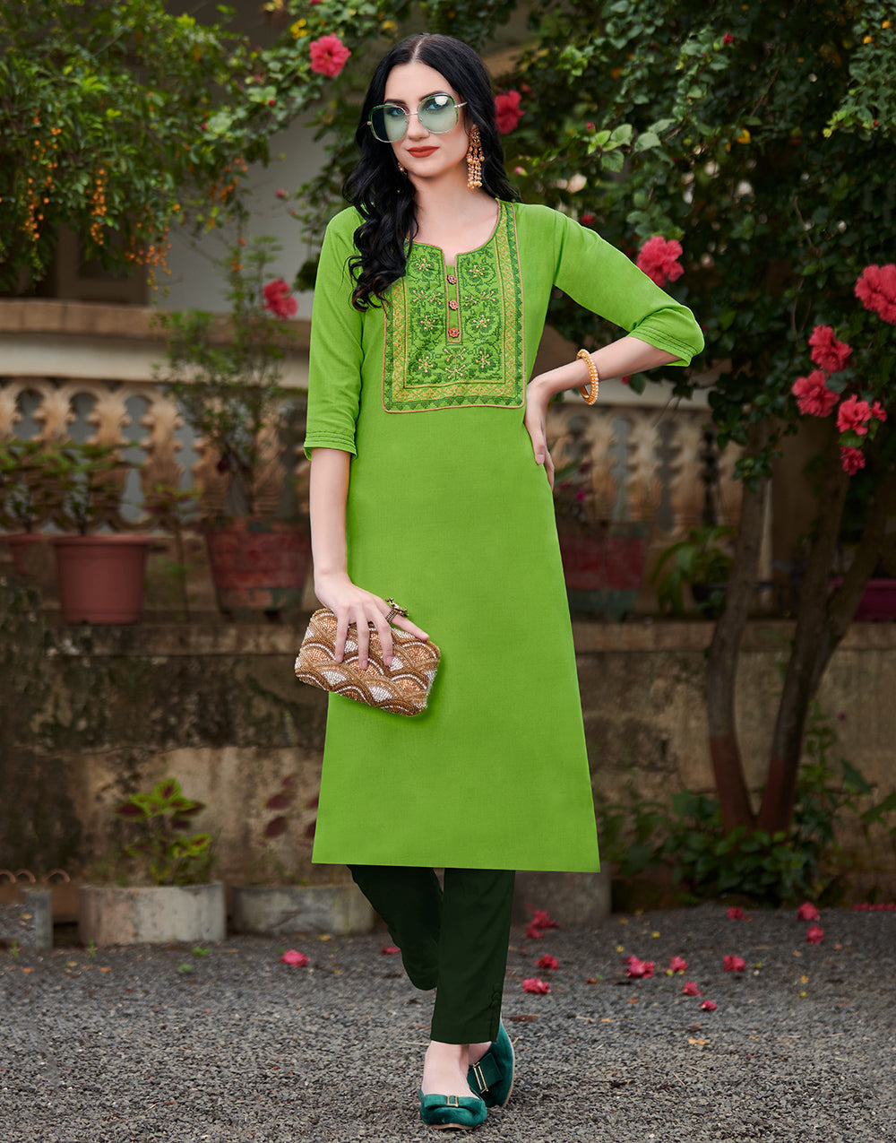 Parrot Green Cotton With Heavy Embroidery Work Kurti