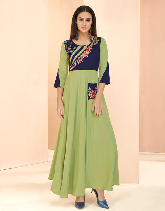 Parrot Green & Navy Blue Rayon With Heavy Embroidery Long Kurti