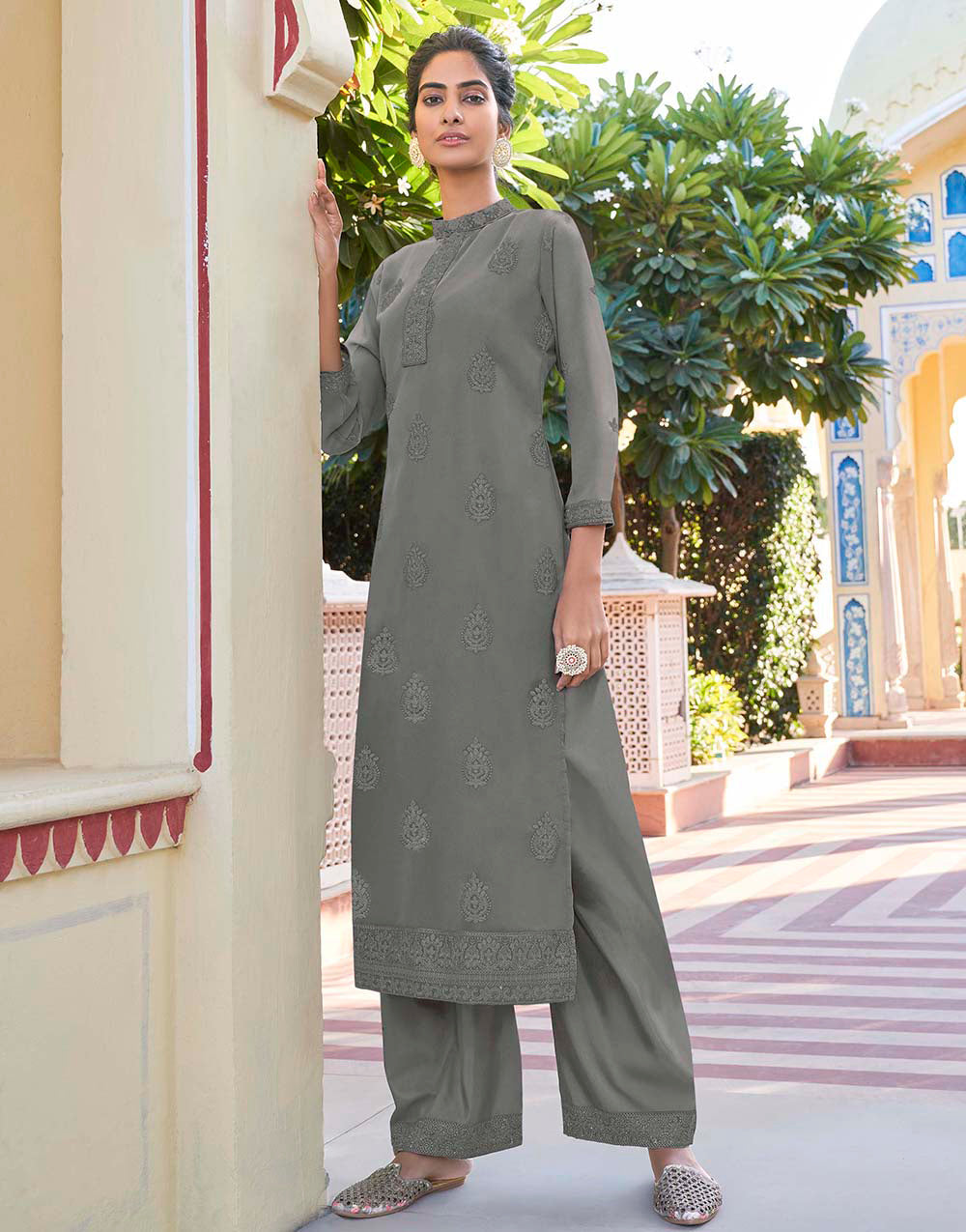 Gray Fox Georgette With Embroidery Work Kurti