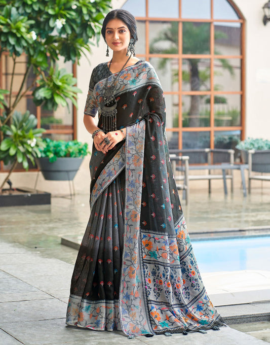 Gray & Black Linen Saree With Printed Work