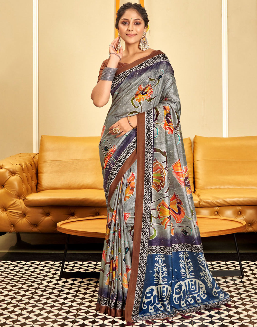 Gray & Brown Dola Silk Saree With Floral Printed Work