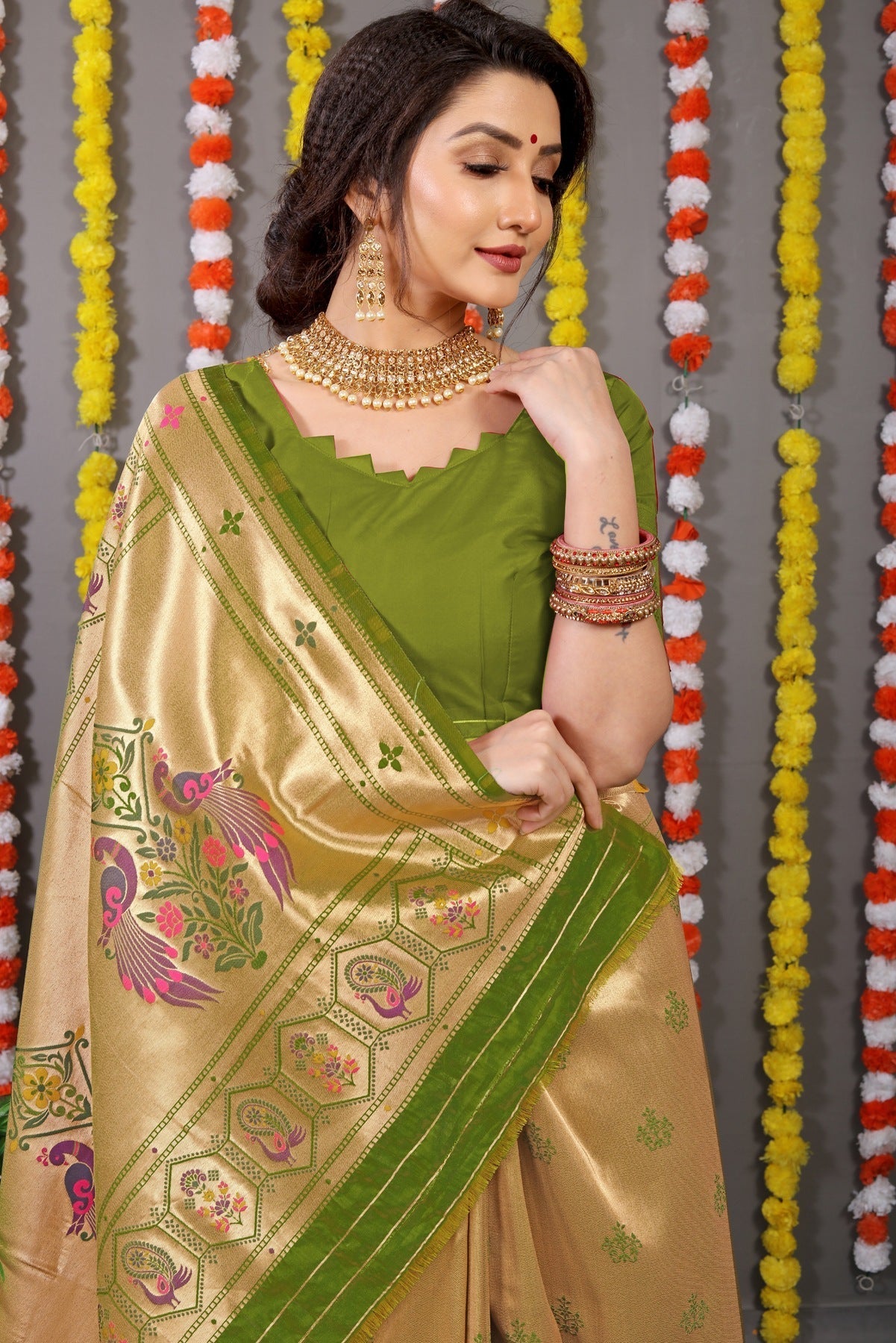 Fancifull Mehndi Paithani Silk Saree With Invaluable Blouse Piece