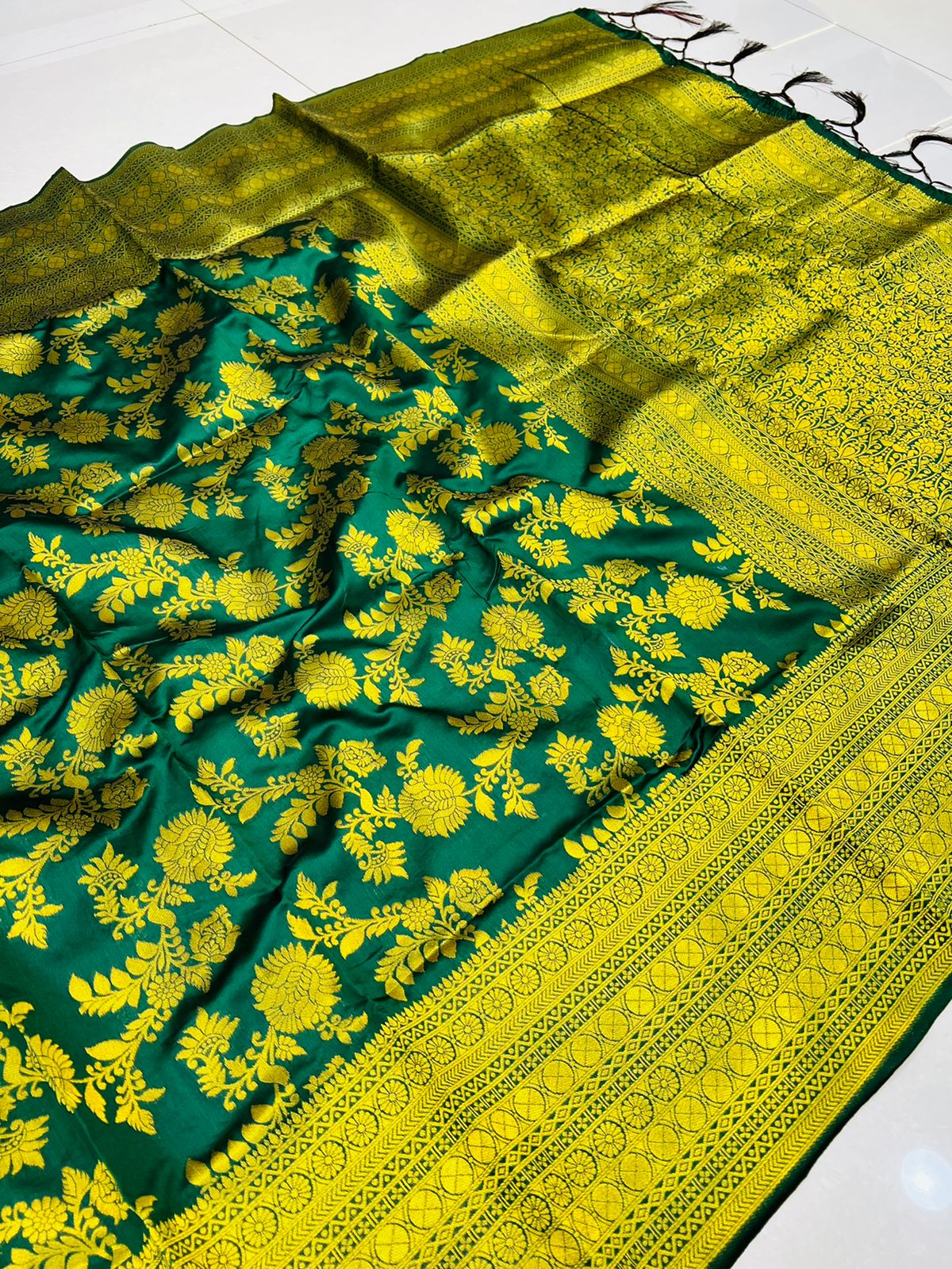 Capricious Rama Banarasi Silk Saree With Adorable Blouse Piece