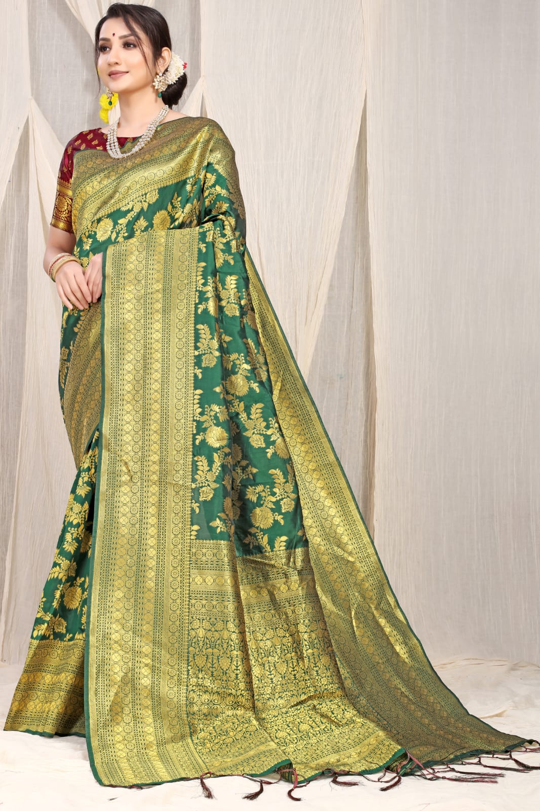 Capricious Rama Banarasi Silk Saree With Adorable Blouse Piece