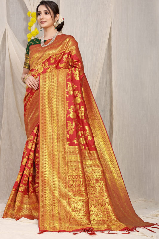 Charming Red Banarasi Silk Saree With Adorable Blouse Piece