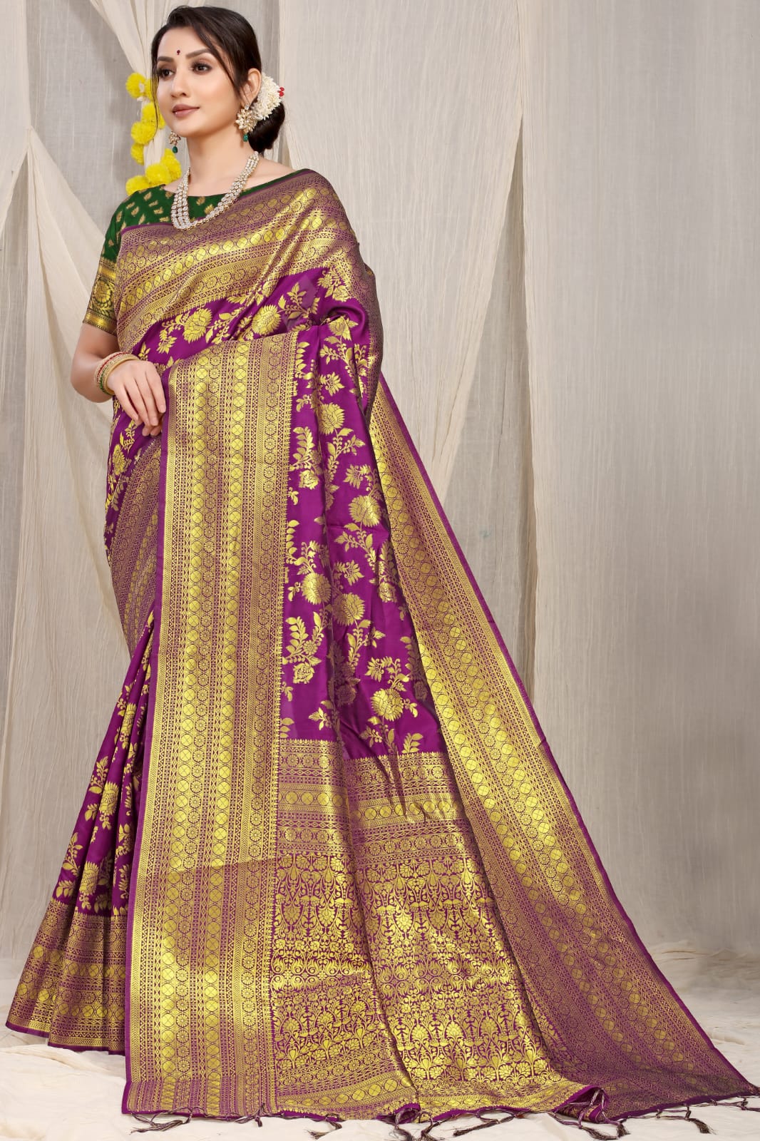 Charming Wine Banarasi Silk Saree With Adorable Blouse Piece