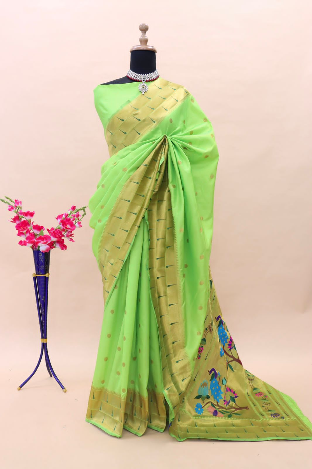 Assemblage Parrot Paithani Silk Saree With Redolent Blouse Piece