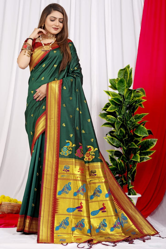 Adoring Dark Green Pure Paithani Silk Saree With Splendorous Blouse Piece