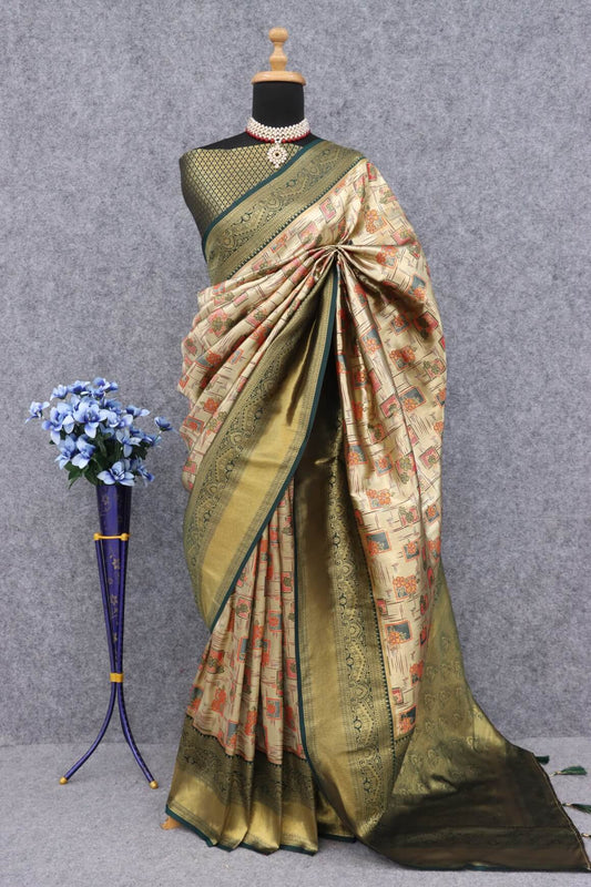 Alluring Beige Kanjivaram Silk Saree With Dulcet Blouse Piece