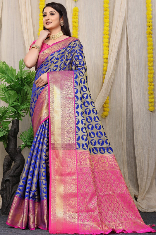 Adorable Blue Kanjivaram Silk With Palimpsest Blouse Piece