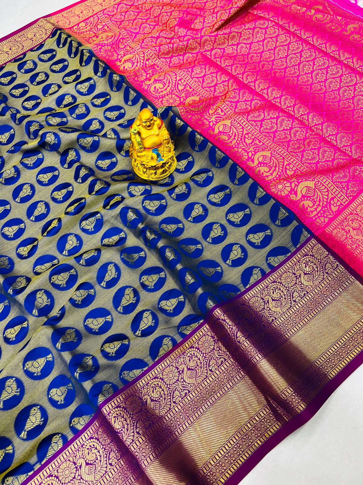 Adorable Blue Kanjivaram Silk With Palimpsest Blouse Piece