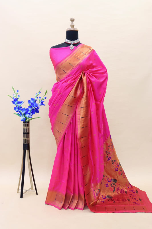 Fancifull Dark Pink Paithani Silk Saree With Opulent Blouse Piece