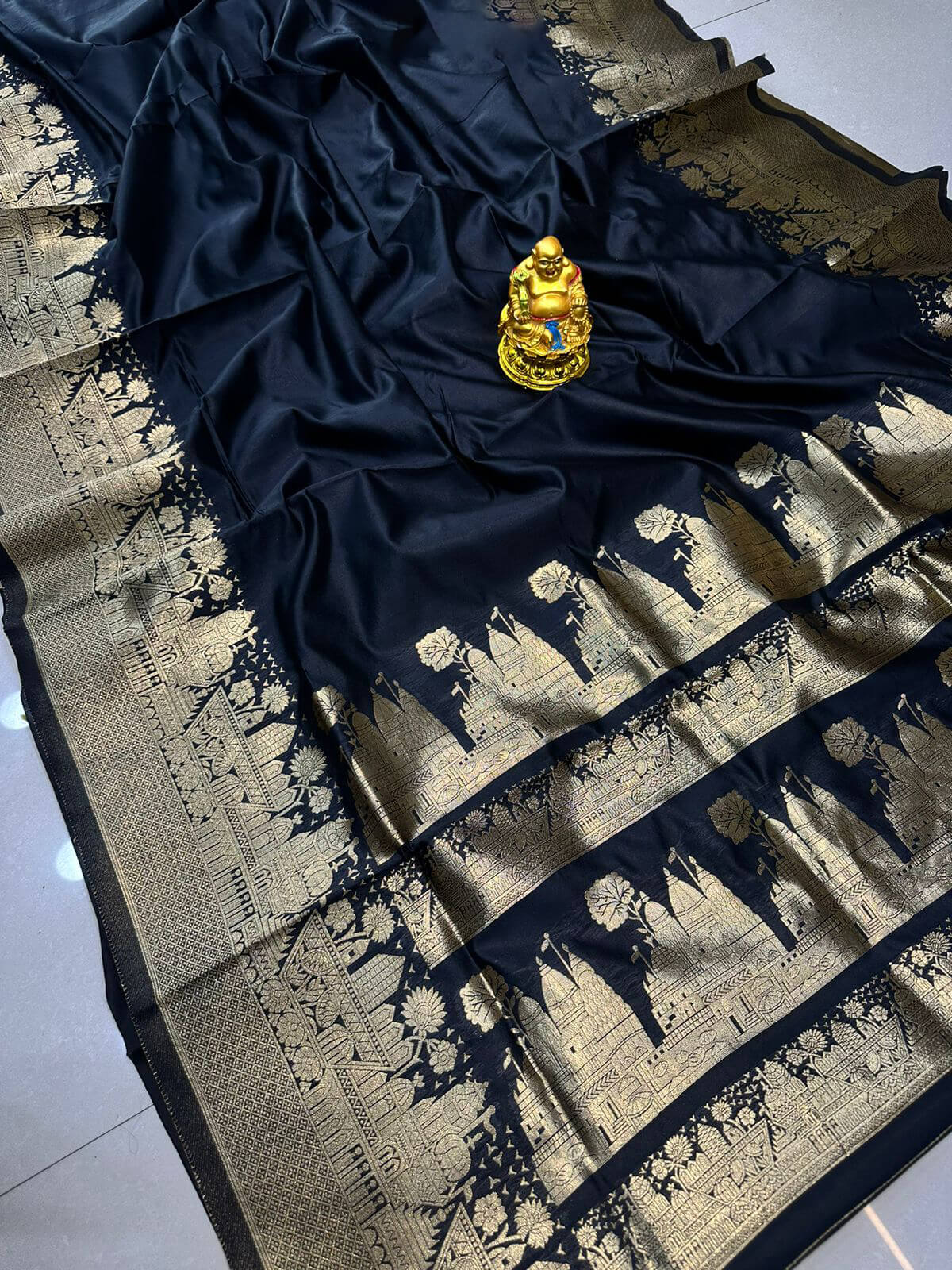 Opulent Black Soft Banarasi Silk Saree With Cynosure Blouse Piece