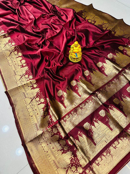 Fancifull Maroon Soft Banarasi Silk Saree With Gossamer Blouse Piece