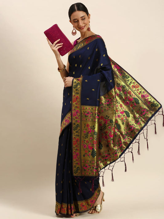 Gratifying Navy Blue Paithani Silk Saree With Luxuriant Blouse Piece