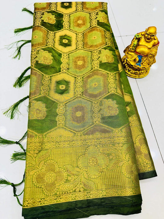 Extraordinary Green Organza Silk Saree With Marvellous Blouse Piece