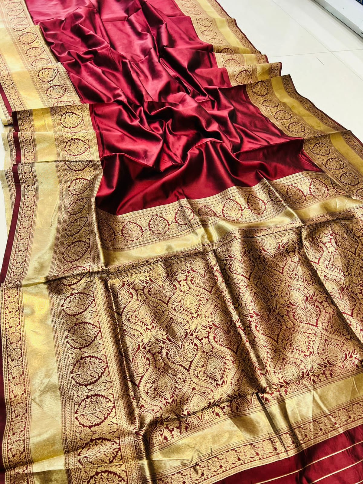 Demanding Maroon Soft Banarasi Silk Saree With Nemesis Blouse Piece