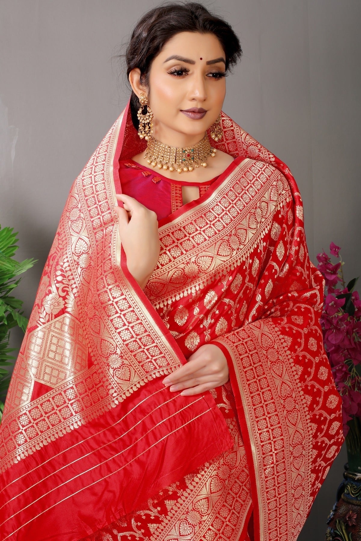 Impressive Red Banarasi Silk Saree With Fairytale Blouse Piece