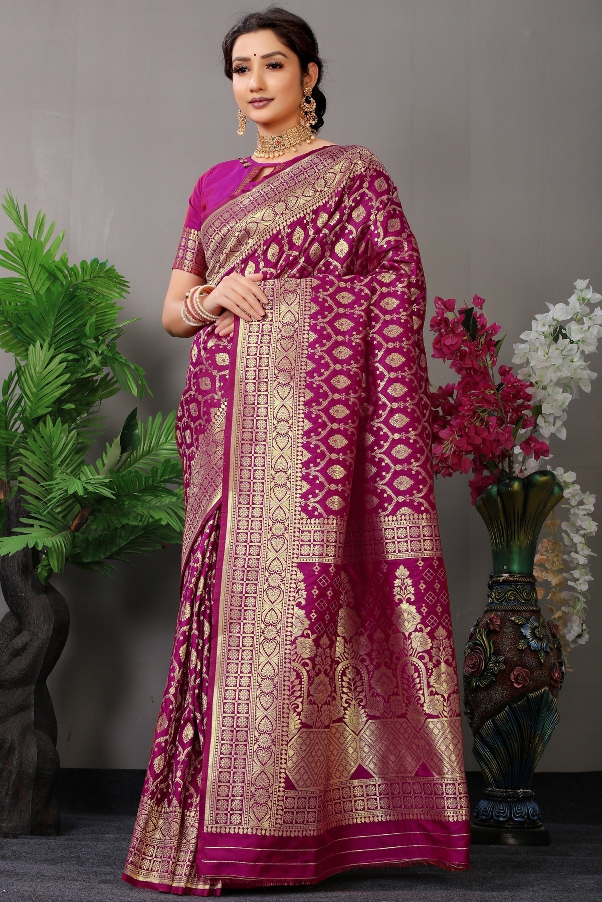 Designer Wine Banarasi Silk Saree With Fairytale Blouse Piece