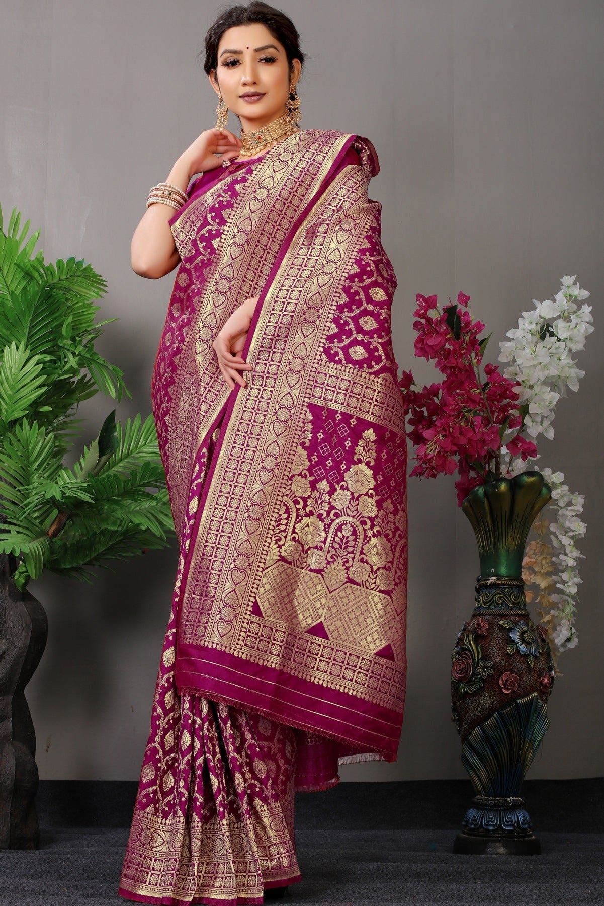 Designer Wine Banarasi Silk Saree With Fairytale Blouse Piece