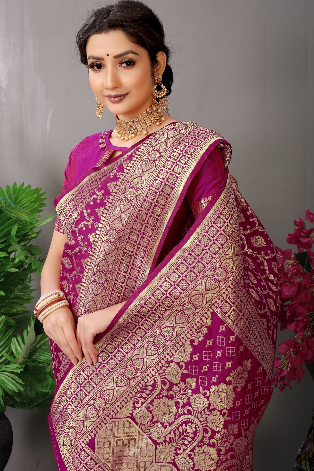 Designer Wine Banarasi Silk Saree With Fairytale Blouse Piece