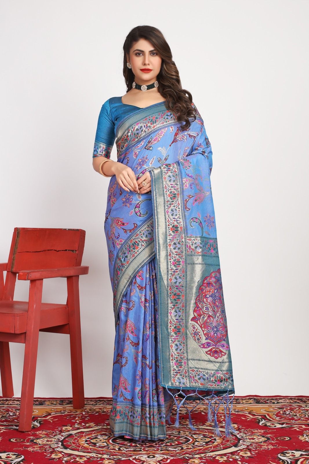 Gratifying Firozi Pashmina saree With Invaluable Blouse Piece