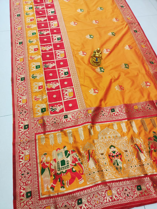 Imaginative Mustard Patola Silk Saree With Groovy Blouse Piece