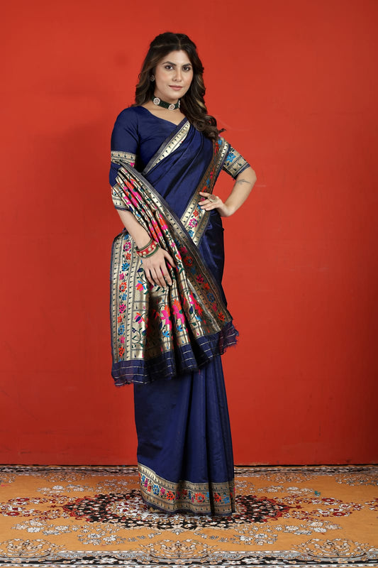 Exuberant Navy Blue Paithani Silk Saree With Prodigal Blouse Piece