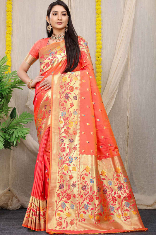 Admirable peach Paithani Silk Saree With Blissful Blouse Piece