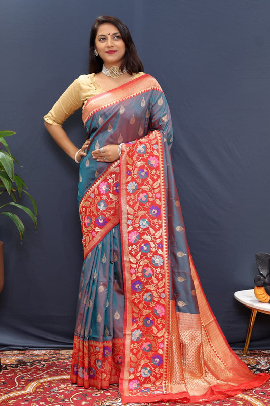 Exquisite Rama Paithani Silk Saree With Luminous Blouse Piece