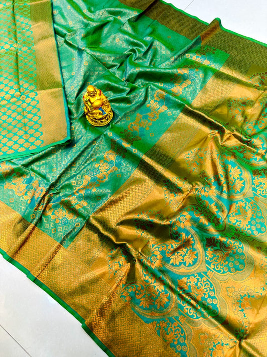 Exceptional Turqouise Kanjivaram Silk with Rich Blue Blouse Piece