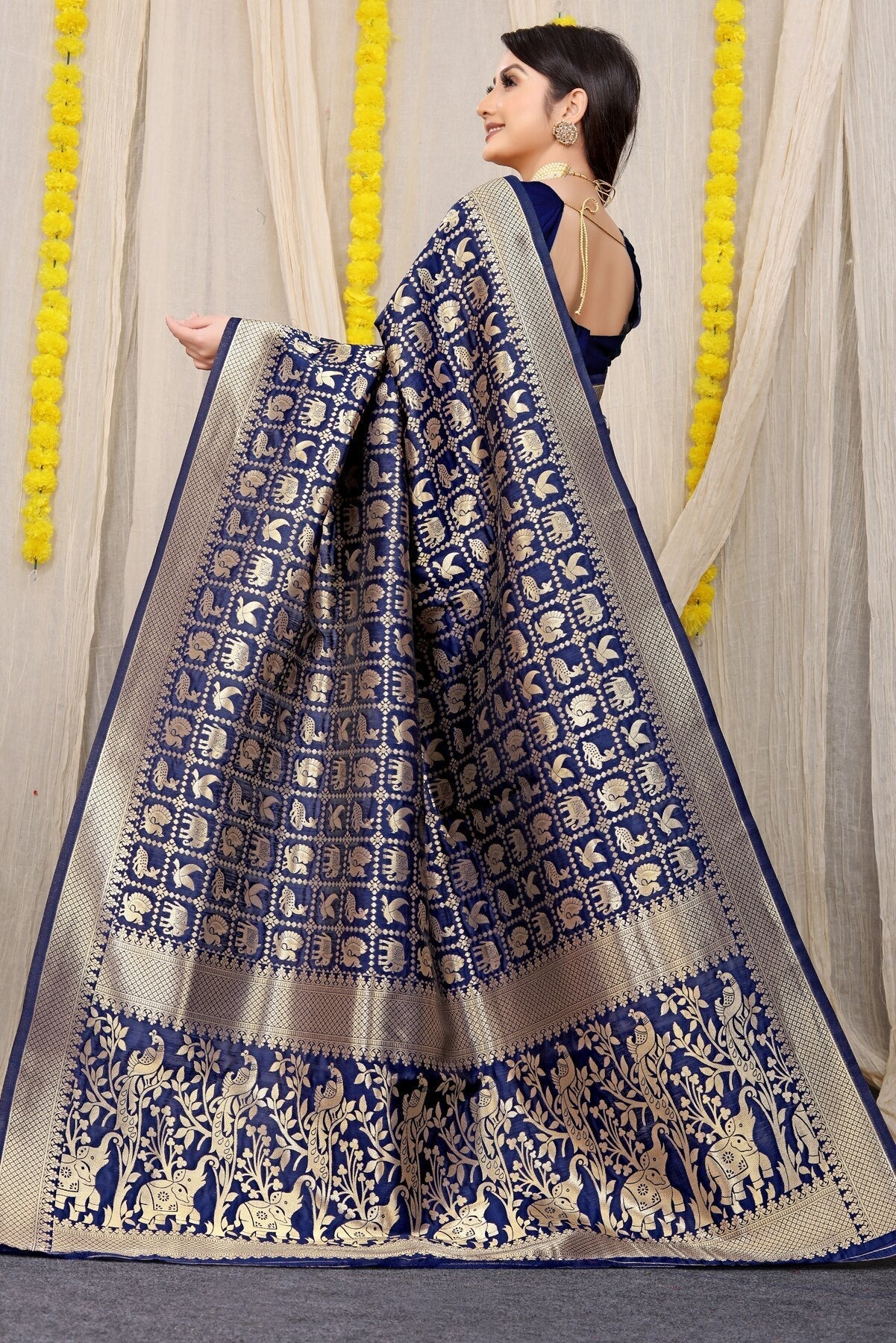 Desiring Navy Blue Banarasi Silk Saree With Sensational Blouse Piece