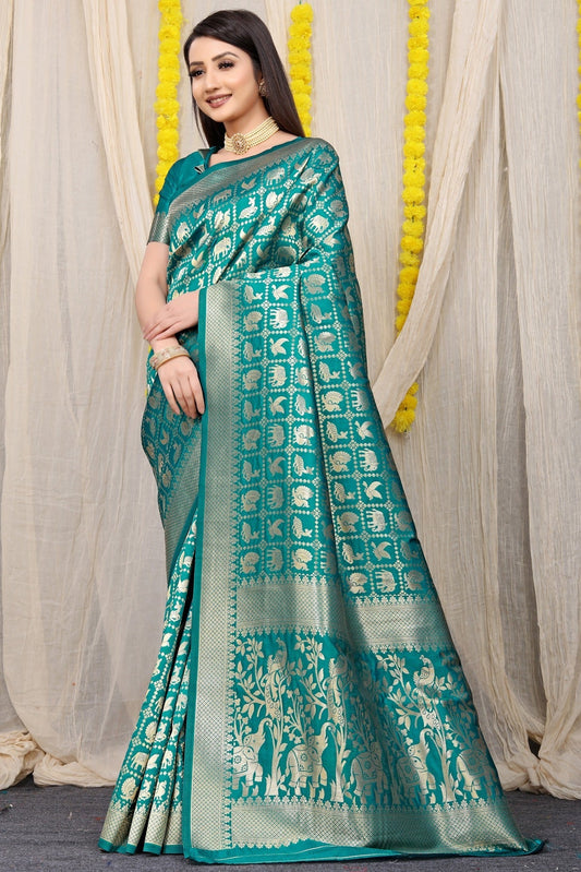 Blooming Rama Banarasi Silk Saree With Sensational Blouse Piece