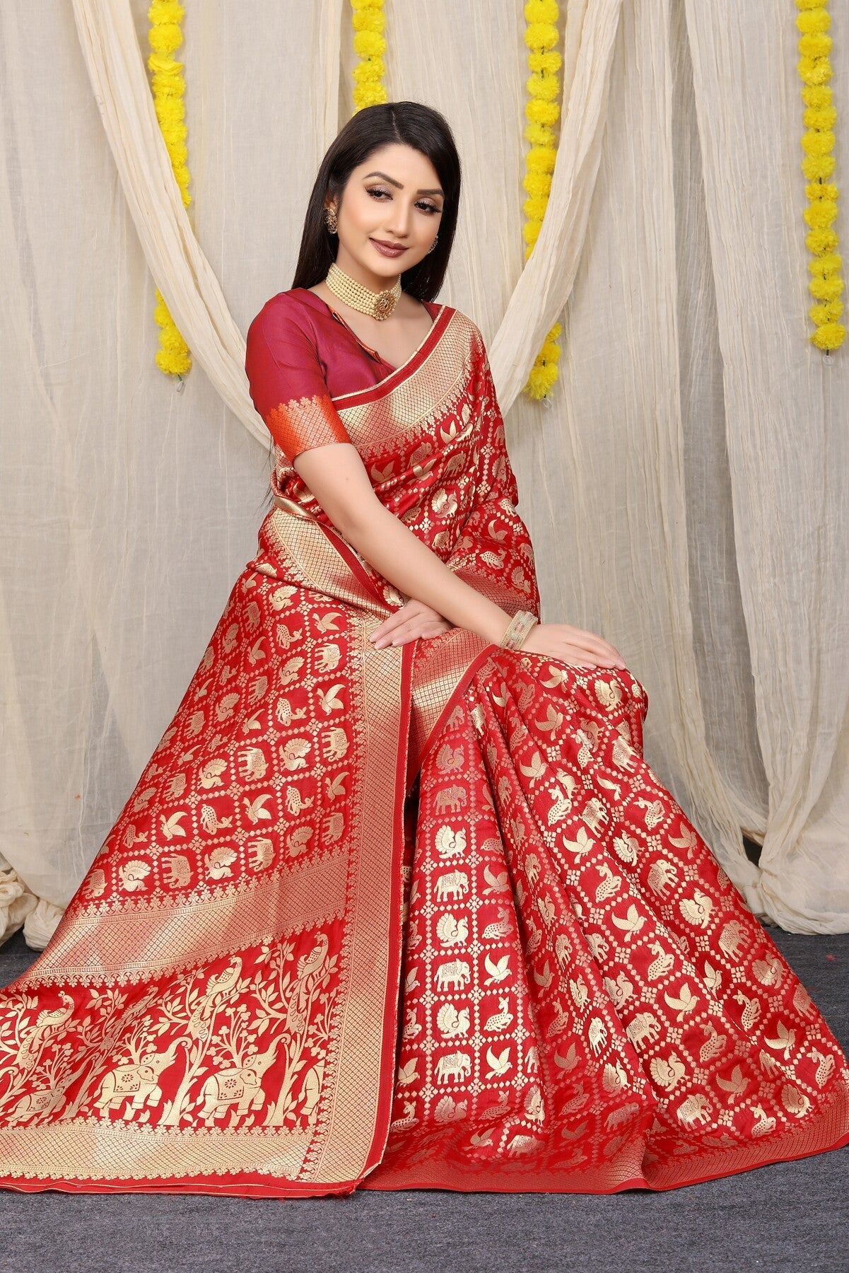 Ethnic Red Banarasi Silk Saree With Sensational Blouse Piece