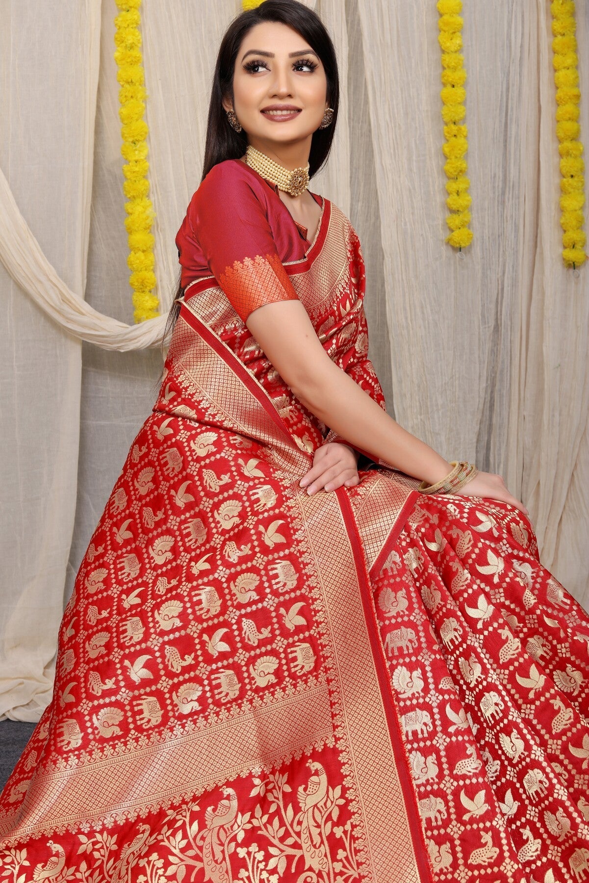 Ethnic Red Banarasi Silk Saree With Sensational Blouse Piece